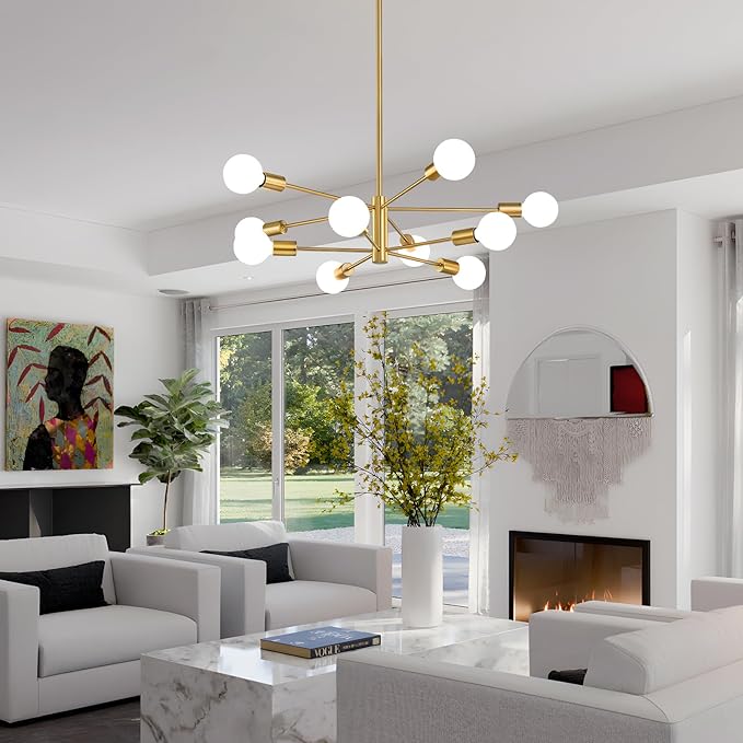 RUIYEY Modern Sputnik Chandeliers Light, 10-Light Gold Gold Dining Room Chandelier Over Table, Height Adjustable Industrial Semi Flush Mount Mid Century Chandelier for Kitchen Island Living Room
