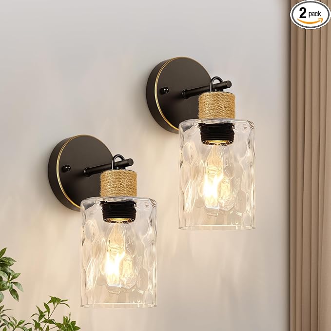 MOKATNG Set of 2 Wall Sconces for Bathroom, Coastal Modern Vanity Lights with Clear Glass Shade, Brown and Gold Bathroom Wall Lamp for Mirror Kitchen Living Room Hallway Cabinet Porch