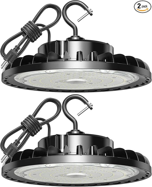 200W LED High Bay Light, 28000LM 110-277V 5000K Shop Garage Light with US Plug 5' Cable IP65 Waterproof UFO Commercial Lighting for Warehouse Barn Garage Workshop Factory Gym, 2 Pack