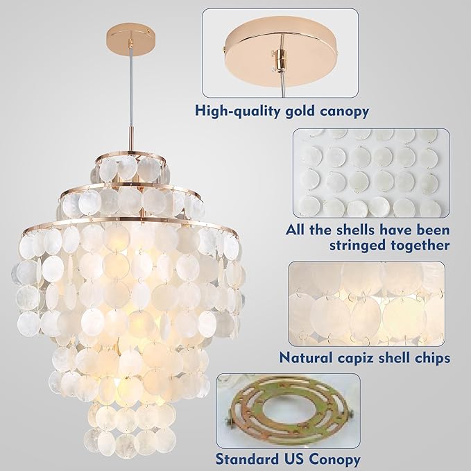 Capiz Shell Chandelier,18" Gold Coastal Chandelier Light Fixture with 4 Lights Capiz Seashell Pendant for Living Room Foyer Kitchen Island Entryway Dining Room Bedroom,LED Bulb Included