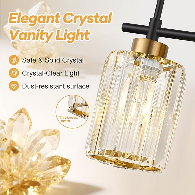 Modern Crystal Bathroom Vanity Light, 4-Light Black and Gold Bathroom Light Fixtures, Clear K9 Crystal Shades, Adjustable Up/Down Mount, E26 Base Wall Sconce (Bulbs Not Included)