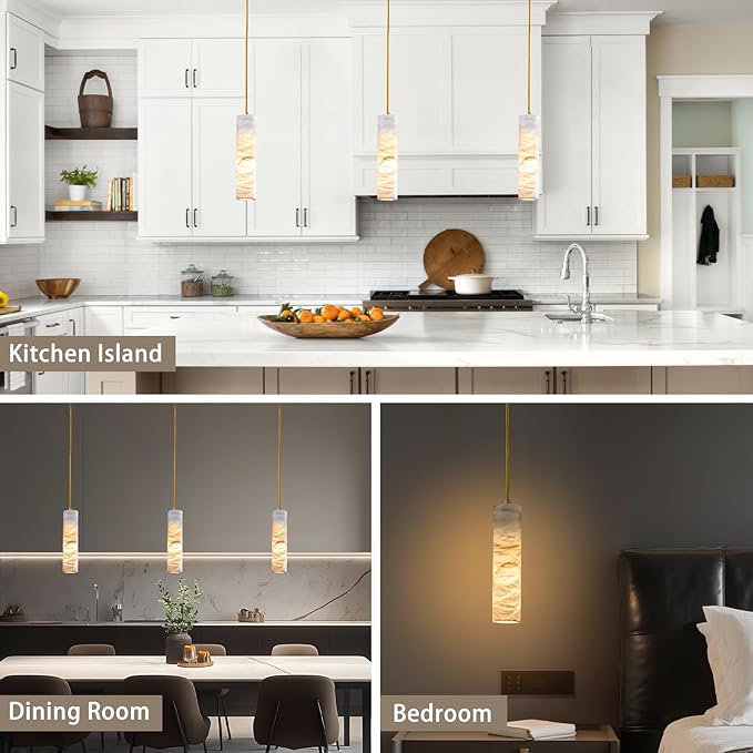 Natural Alabaster Pendant Light Fixture, Modern Marble Kitchen Island Lamp, 9.8" x 2.4" Long Tube Alabaster Chandelier, Small Pendant Light for Bedroom, Dining Room, Living Room (E12 Bulb - 1 Pack)