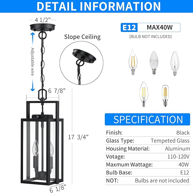 17.8'' Large Dusk to Dawn Outdoor Pendant Light 2-Light, Modern Black Metal Outside Chandelier Exterior Hanging Fixture Ceiling Mount with Clear Glass for Front Porch Entrance Entryway, 1 Pack