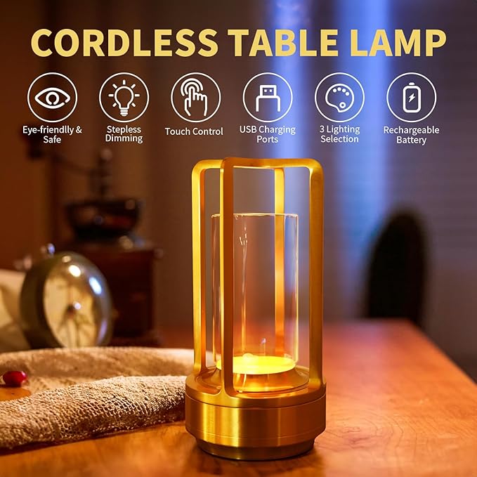2 Pack Crystal Lantern lamp with Touch Dimming, Rechargeable LED Table Lamp, 3-Color Adjustable Brightness, 4200mAh Battery Powered Desk Light for Bedroom, Restaurant, Outdoor