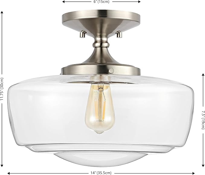 JONATHAN Y 14" Nickel Modern Farmhouse LED Flush Mount Light Fixture, Clear Glass Shade, Rustic Industrial Schoolhouse Lamp for Kitchen Hallway Bedroom (JYL7517D)