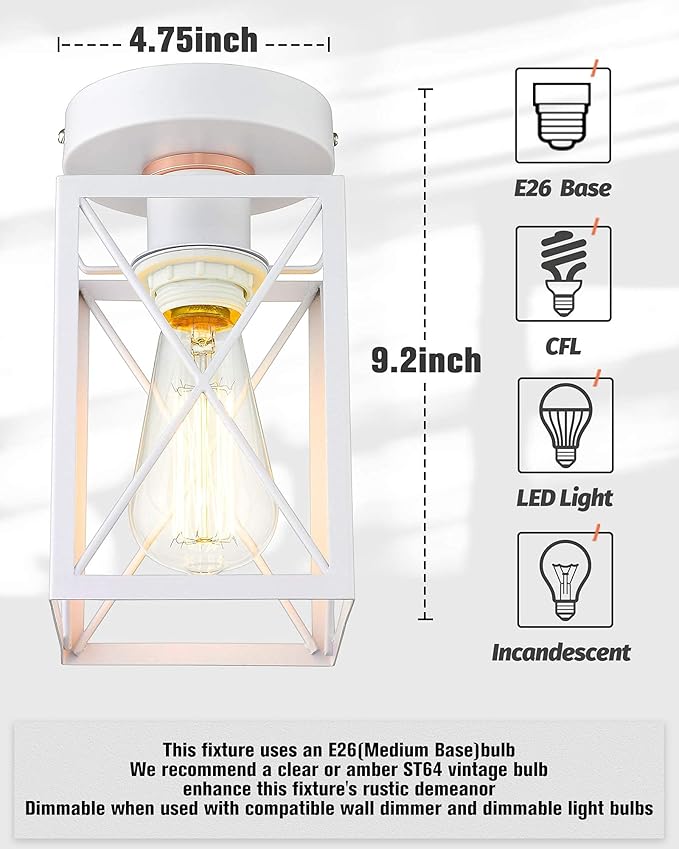 Ken & Ricky Hallway Flush Mount Ceiling Light,Cage Farmhouse Light Fixture Hardwired for Kitchen Over Sink,Bathroom,Laundry Room Entryway,Industrial Vintage Style,Single E26 Bulb（White,2PK）