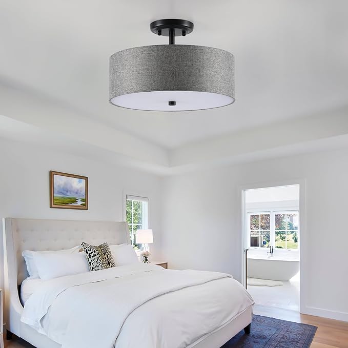 13.8 Inch Semi Flush Mount Ceiling Light Fixture, 3-Light Modern Farmhouse Drum Pendant with Fabric Shade for Bedroom Hallway Entryway Living Room (Gray+Black)