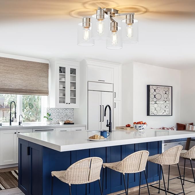 YYT Kitchen Lighting Fixtures Ceiling, Semi Flush Mount Ceiling Light, Brushed Nickel Cieling Lights Fixture, 4 Light Kitchen Light fixtures with Glass Shade for Bedroom Dining Room