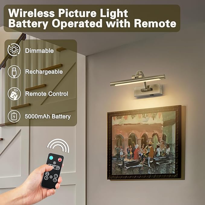 DESOOP Wireless Picture Lights Rechargeable Gallery Lighting Battery Picture Frame Light with Remote and Timer, Adjustable Art Light for Paintings, Portraits, Antique Bronze Finish 12'' Inch 2W 2700K