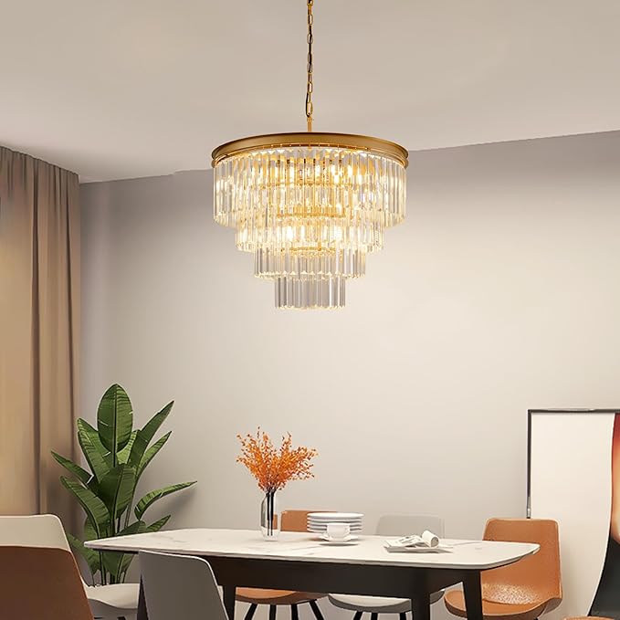 Gold Crystal Chandelier 22.9" 10-Lights Modern Crystal Pendant Lights 4-Tier Luxury K9 Hanging Dining Room Lighting Fixture for Living Room Bedroom Kitchen Island Entryway Stairway Office