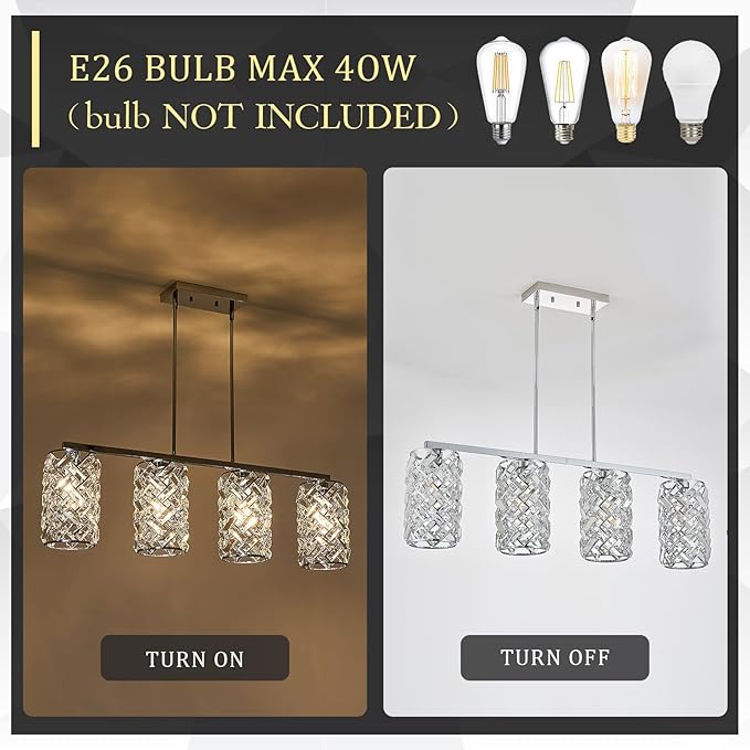 CATINER Chrome Crystal Kitchen Island Lighting 40" Modern Linear Chandelier, 4 Lights Polished Chrome Ceiling Pendant Light Fixture Over Table for Dining Room Living Room