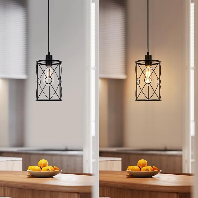 Plug in Industrial 2 Pack Farmhouse Pendant Light, Mini Cage Pendant Lighting in Black Finish with Crystal, Adjustable Length Hanging Light Fixture for Hallway, Bedroom, Living Room, Kitchen