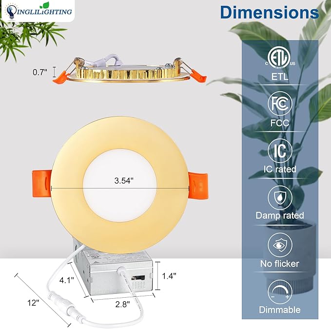DLLT LED Recessed Ceiling Light: 6 Pack 3 Inch Gold Slim Recessed Lighting for Kitchen - 5CCT Dimmable Canless Wafer Downlight for Living Room - 600LM Brightness 6W LED Can Lights for Bedroom ETL FCC