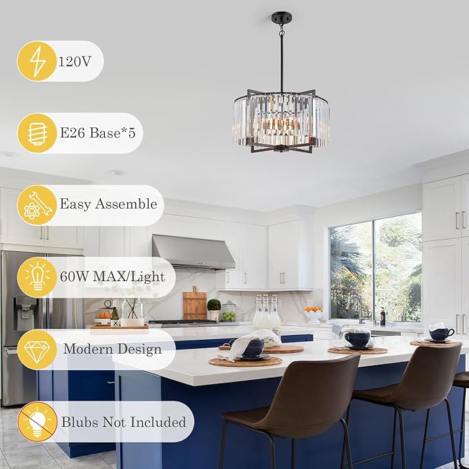 Black Crystal Chandelier Modern Drum Pendant Lighting Fixture for Dining Room, 20" Farmhouse Round 5-Light for Living Room Kitchen Island Bedroom Black