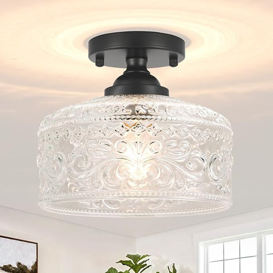 Small Semi Flush Mount Ceiling Light Fixture, Vintage Matte Black Close to Ceiling Lighting with Etched Glass Shade for Hallway, Kitchen, Entryway (Retro Design, Easy Install)
