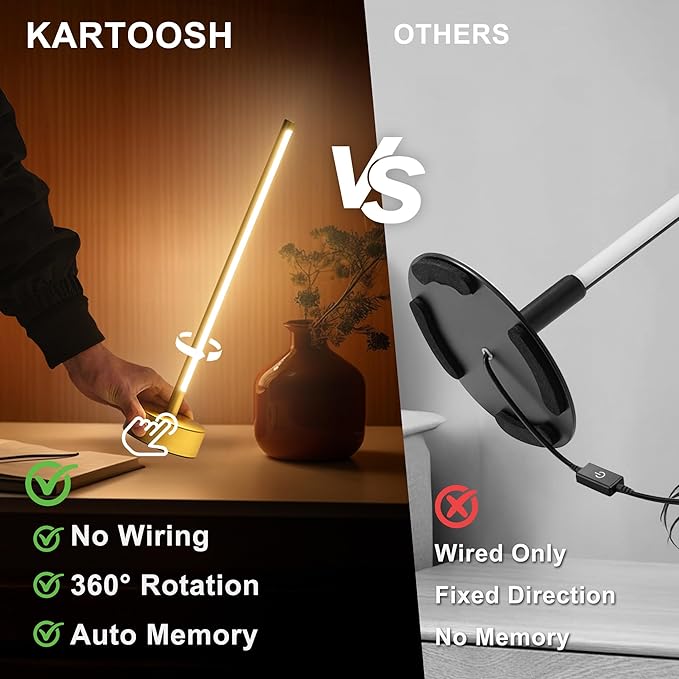 KARTOOSH Cordless LED Table Lamp, Battery Operated Portable Desk Lamp,Dimmable/3 Color/Memory Function,Modern Rechargeable Table Light for Living Room,Bedroom,Bedside,Gold