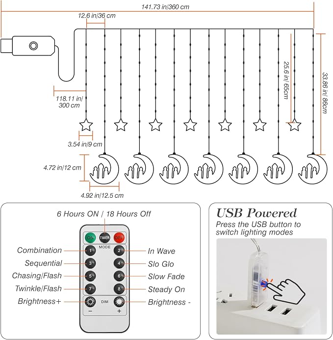 Lewondr Ramadan Curtain String Lights, 138 LED Moon Castle Star Fairy Lights with 6H Timer, 8 Modes, Remote Control, USB Powered Curtain String Light, Eid Mubarak Decorations for Ramadan Home, Orange