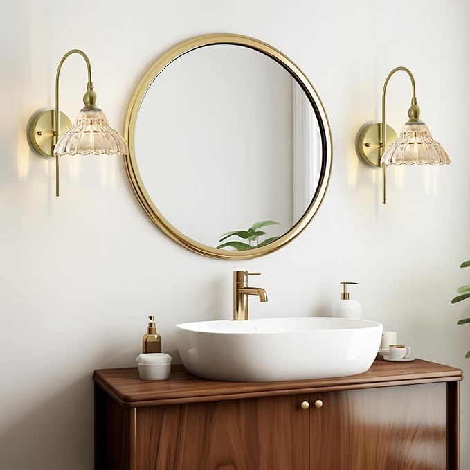 Vintage Wall Sconces with Amber Flower Glass Lampshade, Indoor Bath-Room Wall Sconce, Modern Gold Industrial Lighting Fixture for Mirror Living Room Hallway 2 Pack