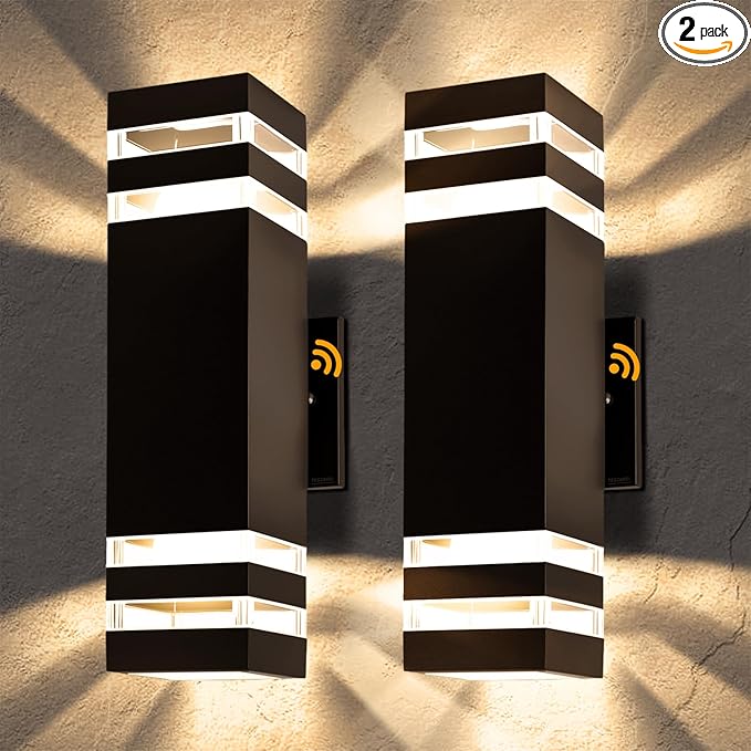 Modern Outdoor Wall Sconce 2-Pack, Up Down Outdoor Lights with Dusk to Dawn Sensor, Waterproof Exterior Light Fixture Wall Mount for House, Porch, Patio, Garage (E26 Bulbs Included)