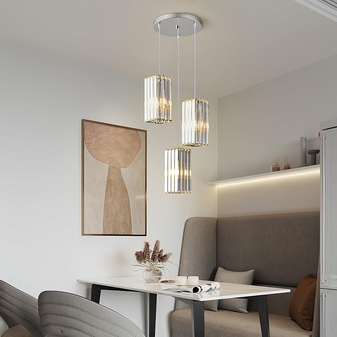 Modern Pendant Light Chrome Rectangle Pendant Lighting Mini Crystal Chandeliers Adjustable Pendant Light Fixture for Kitchen Island Dinning Room Living Room Corridor Bedroom(Chrome 3-Light)