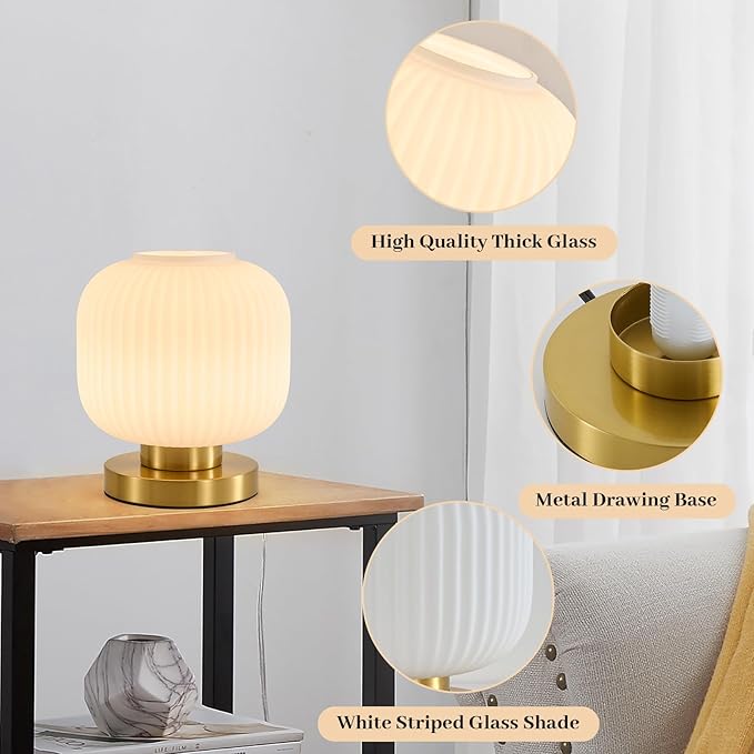 Dimmable Small Glass Table Lamp: Mid Century Modern Nightstand Light with Milk White Shade - Small Decorative Brass Desk Lamp - Ribbed Glass Bedside Tables Lamps for Bedroom Living Room Bulb Excluded