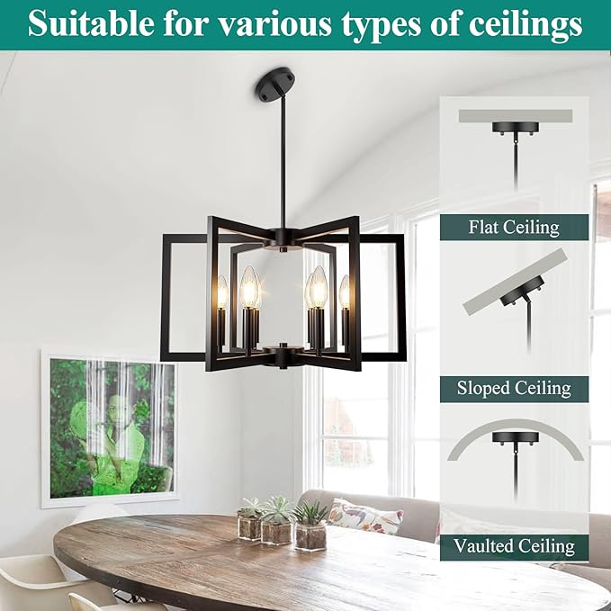 6-Light Black Chandelier, Farmhouse Dining Room Light Fixture, Large Modern Chandelier, Geometric Industrial Metal Hang Lighting Fixture for Foyer Entryway Kitchen Over Table Hallway Living Room