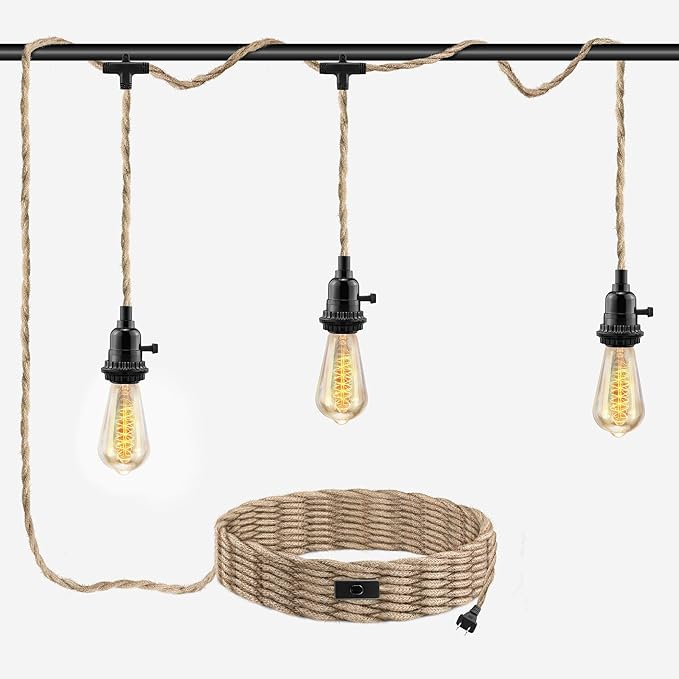 LYOOWNG 3 Light Plug in Pendant Light Cord, 25FT Hanging Lights with Plug in Cord, Hemp Rope Hanging Light Kit with 2 Way Switch, Farmhouse Pendant Light Kits DIY HangingLight
