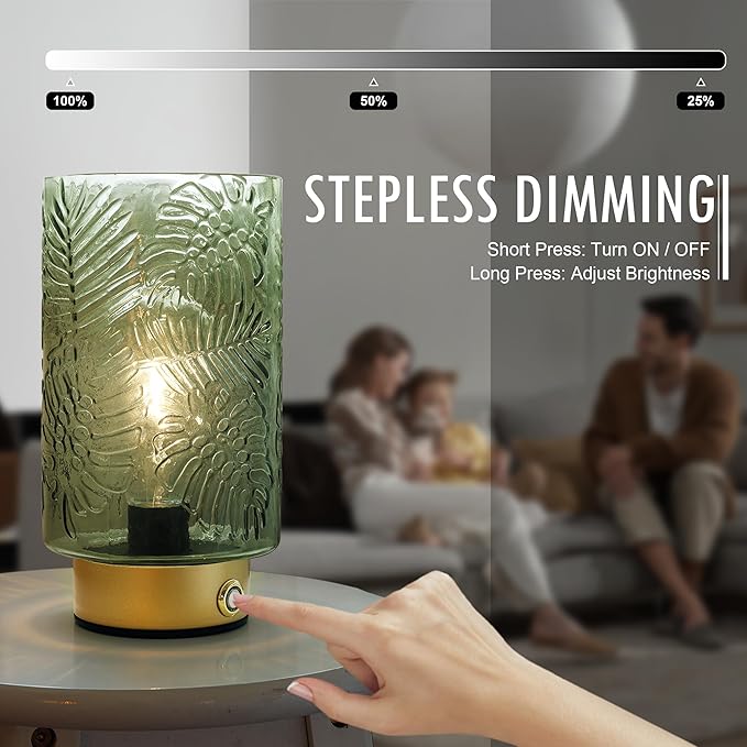 ULAROOM Cordless Lamp Rechargeable Battery Operated lamp, Glass Table Lamp Remote Control - Dimmable Brightness Touch Wireless Bedside Lamp for Bedroom Kitchen Dining Home Living Room Decor Green