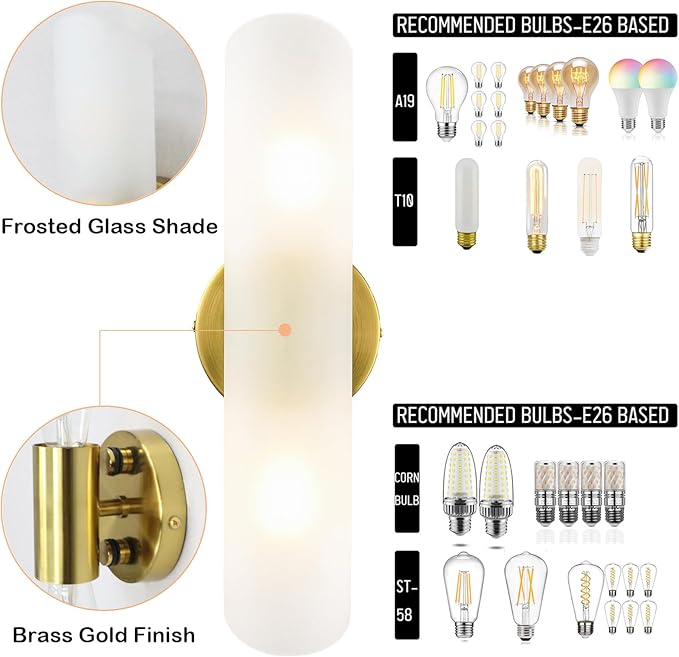 DAYCENT Modern Brass Wall Sconces Set of Two Frosted Glass Wall Light Fixture 2-Light Cylinder Bathroom Vanity Lights Gold Glass Sconces Wall Lighting for Hallway Bedroom Staircase