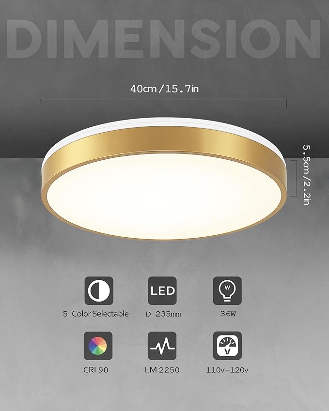 Ken & Ricky Flush Mount Ceiling Light, Dimmable Led Close to Ceiling Light Fixtures for Kitchen Bathroom Bedroom Hallway 5cct (Brushed Gold, 16 Inch)