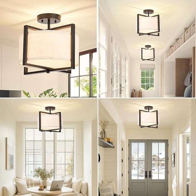 Fabric Ceiling Light Fixture 2 Lights Boho Flush Mount Ceiling Lights Hand-Woven Rattan Drum Chandelier Farmhouse Light Fixture for Bedroom Entryway Hallway