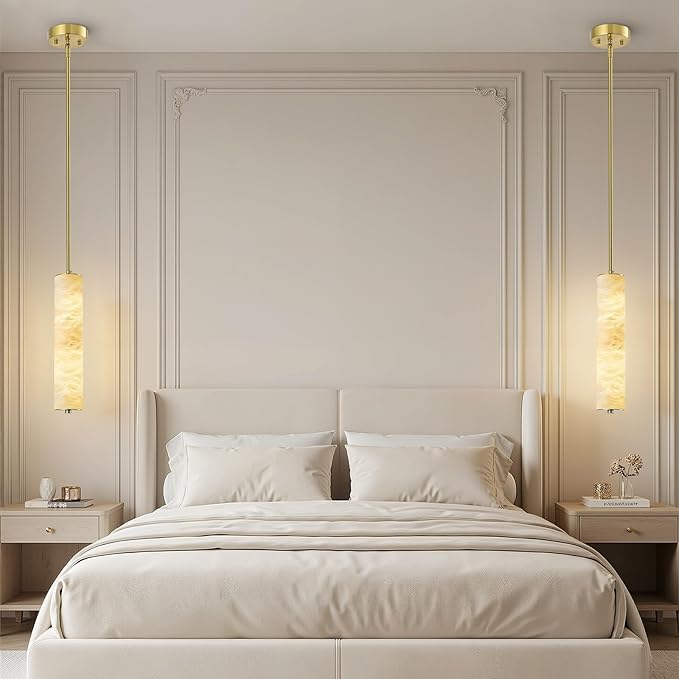 LMQNINE Natural Alabaster Pendant Lights White Marble 15" Long Tube Adjustable Boom Chandelier Modern 3000K Gold Ceiling Light for Kitchen Island Bedroom Dining Room Living Room Hallway(S-2Pack)