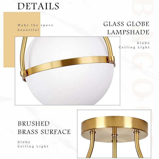 Bagood Globe Semi Flush Mount Ceiling Light Mid Century Modern Globe Ceiling Light Fixture with Milk Glass Shade Brass Finish for Living Room Hallway Kitchen Island Dining Room Laundry (Bulb Incl.)…