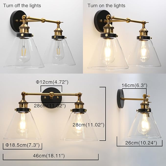 PERMO Industrial 2-Lights Wall Sconces with Dual Funnel Clear Glass Shade Double Sconce Antique Wall Sconce for Mirror Hallway Bedroom, Hardwired, E26 Base