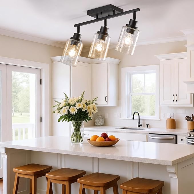 LOUSACE 3 Light Track Lighting Fixtures Ceiling with Rotatable E26 Heads, Bathroom Vanity Light Ceiling with Seeded Glass Shade, Kitchen Light Fixtures Over Sink for Kitchen Island Dining Room