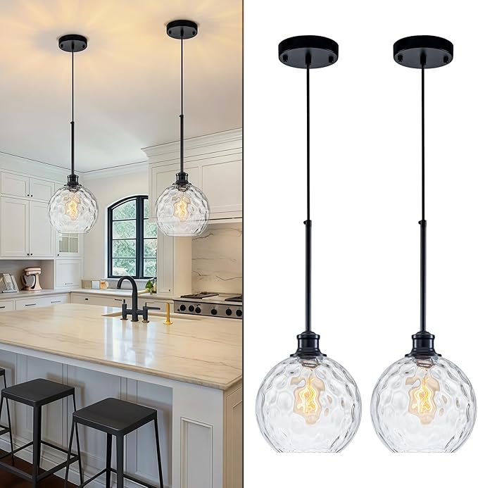 Globe Pendant Light Fixtures, 2 Pack Glass Black Pendant Lights Kitchen Island with 7.8" Clear Hammered Glass, Adjustable Hanging Island Lights for Kitchen Bathroom Sink Entryway Dining Room