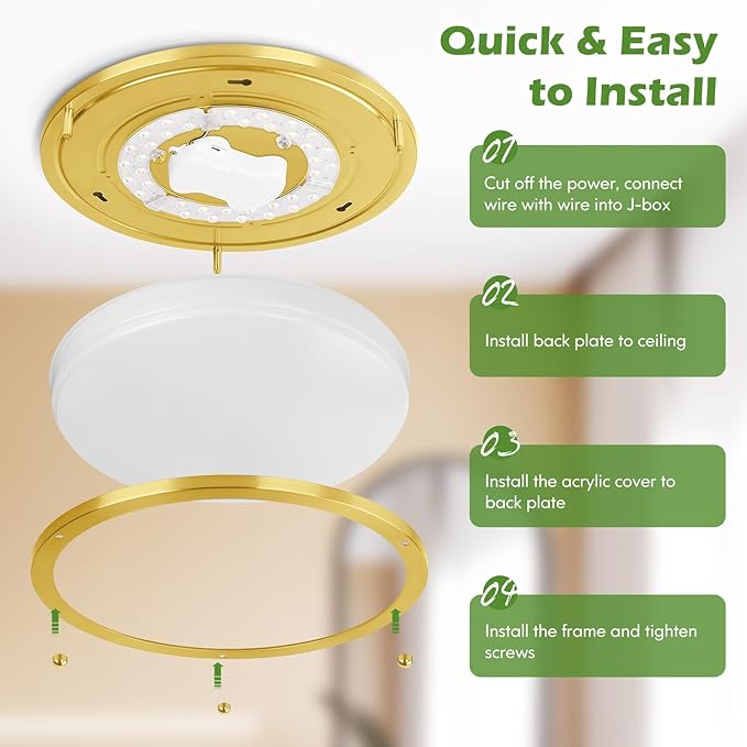 GoBright 36W LED Ceiling Lights for Bedroom Kitchen, 12 Inch 3600lm Super Bright Dimmable Gold Flush Mount Light Fixtures, 2700K/3000K/4000K/5000K/6500K Adjustable Modern Lamps for Hallway