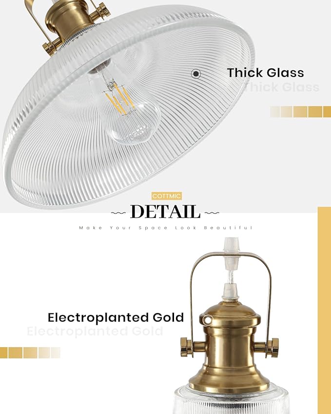 Gold Glass Pendant Lights Kitchen Island, 12in, Modern Kitchen Pendant Lights Fixture, Farmhouse Pendant Lighting for Dining Room Bedroom Bar Sink, 2 Pack