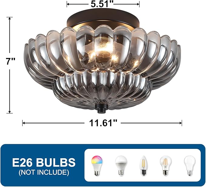 Modern Black Flush Mount Ceiling Light,Semi Flush Mount Ceiling Light Fixture,Industrial Kitchen Lighting,Electroplated Transparent Glass mid century light for Bedroom, Living Room, Hallway, Entryway
