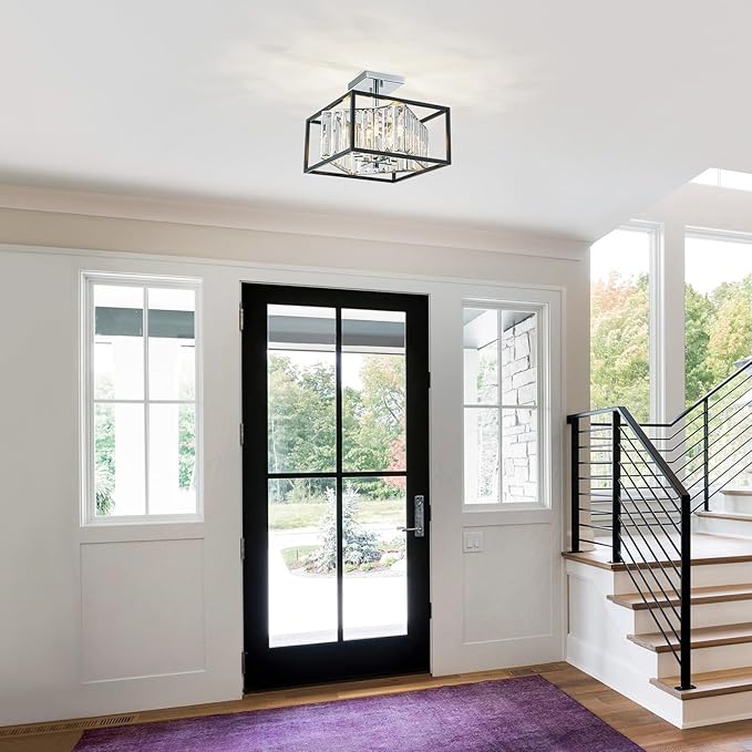LumFurn 4-Light K9 Crystal Ceiling Light, 2-Tier Square Semi-Flushmount Light Fixture for Living Room, Foyer, Bedroom, L12 x W12 x H10inch, Clear Crystal & Black & Chrome Finish