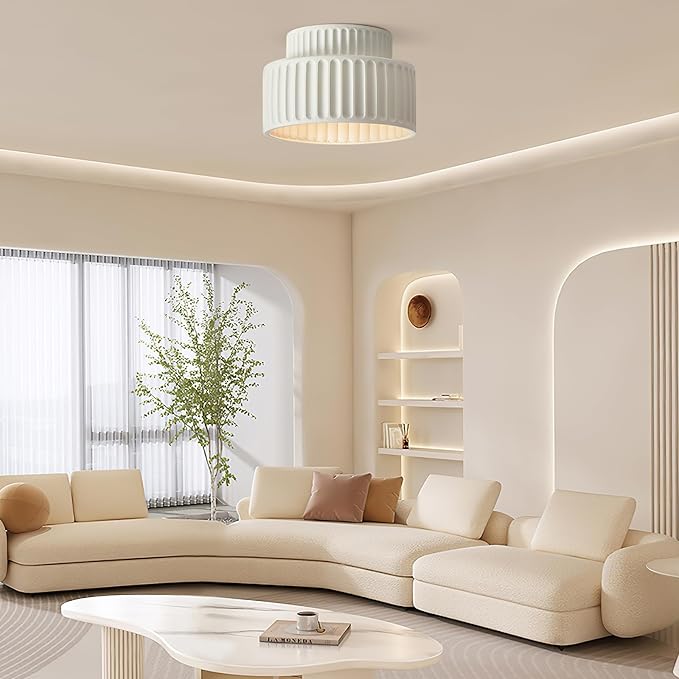 Mid Century Cream Semi Flush Mount Ceiling Light Nordic Style Round 9.1" D x 9.1" W x 6.3" H E26 Base LED Ceiling Lamp for Bedroom, Living Room, Kitchen, Hallway