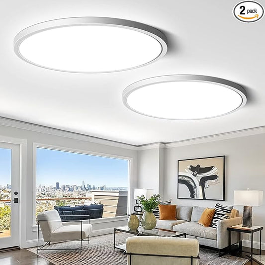 2 Pack 12 Inch LED Flush Mount Ceiling Light Fixture, 5000K Daylight White, 24W 3200LM, Round Flat Ceiling Lights, Bright Slim Low Profile Lighting Fixtures for Bedroom Kitchen Hallway Stairwells