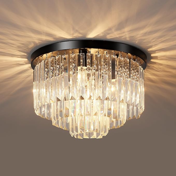 16" Black Crystal Chandelier Ceiling Light, Flush Mount 5-Lights 3-Tier K9 Crystal Round Chandelier Light for Dining Room Kitchen Island Living Room Bedroom