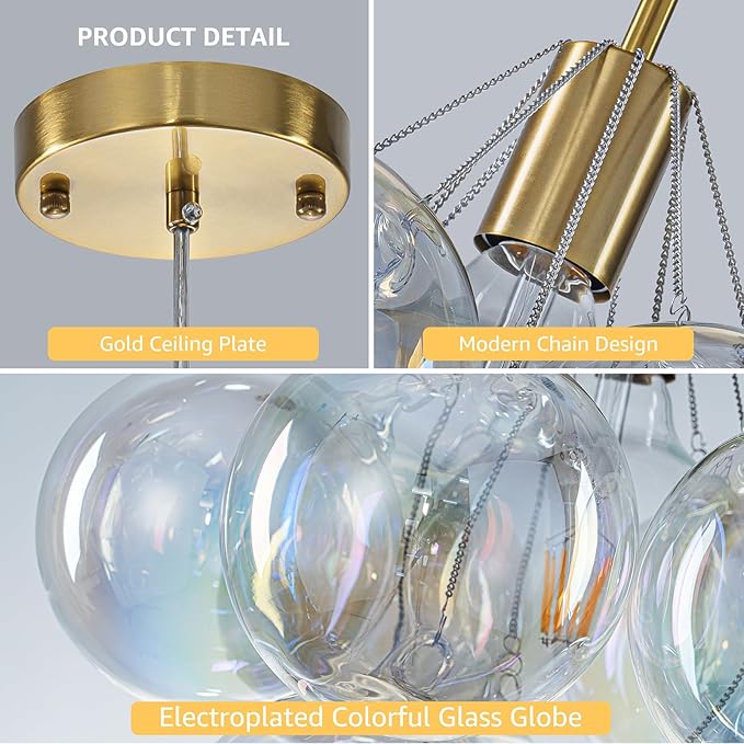 GoYeel Dining Room Light Fixtures Gold 14.17", Colorful Bubble Chandelier Modern Glass Ceiling Light for Hallway Entryway Foyer Bedroom Kitchen, with 10 Chromatic Globes, Include E26 Bulb