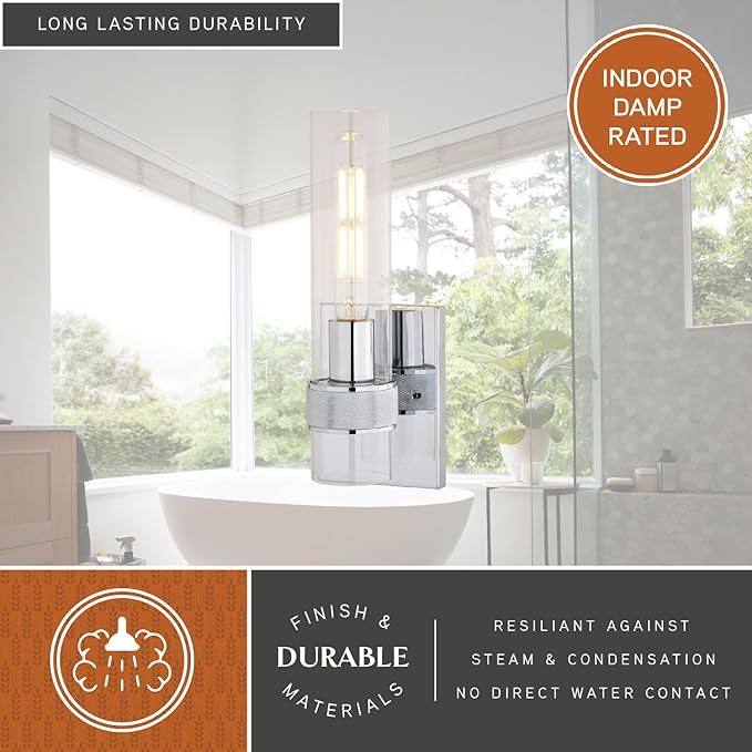 VAXCEL Bari 1 Light Bathroom Lighting Fixture with Clear Glass Cylinder Shade, Chrome Finish, Contemporary Modern Wall Sconce