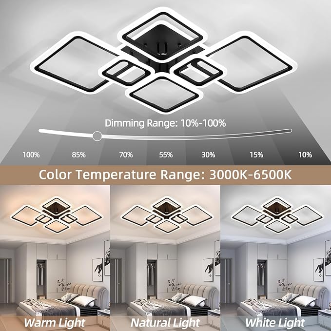 Modern Ceiling Light, 36.2'' LED Dimmable Acrylic Square 6+1 Rings Ceiling Lights with Remote, Black Flush Mount Ceiling Light Fixture for Low Ceiling Bedroom Living Room Dining Room, 130W
