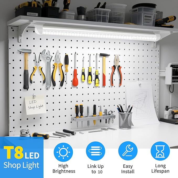 CNSUNWAY 2FT LED Shop Light, 24W 5000K 3600LM Super Bright, Utility T8 LED Light Fixture, D Shape, High Output, Linkable Shop Lights Tubes for Room, Garage, Workbench, Plug and Play, 2 Pack