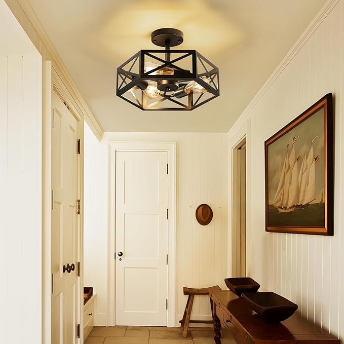 Modern Semi Flush Mount Ceiling Light,3-Light Hexagon Flush Mount Ceiling Lights for Dining Room Light Fixture,Farmhouse Black Metal Kitchen Island Lighting Fixtures for Hallway,Bathroom