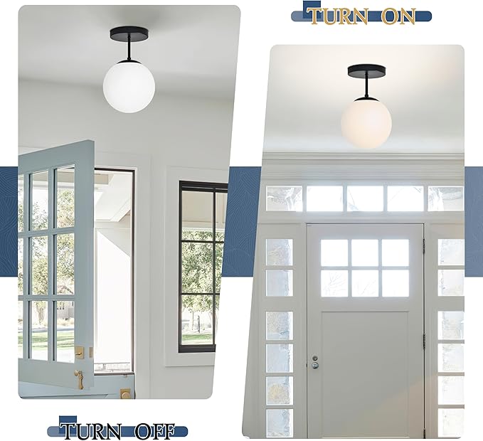 8" Black Semi Flush Mount Ceiling Light Fixture Milk Glass Globe Ceiling Light Fixtures Hallway Light Fixtures Mid Century Ceiling Lights Matte Black Finish for Entryway Foyer (Bulb Incl.)