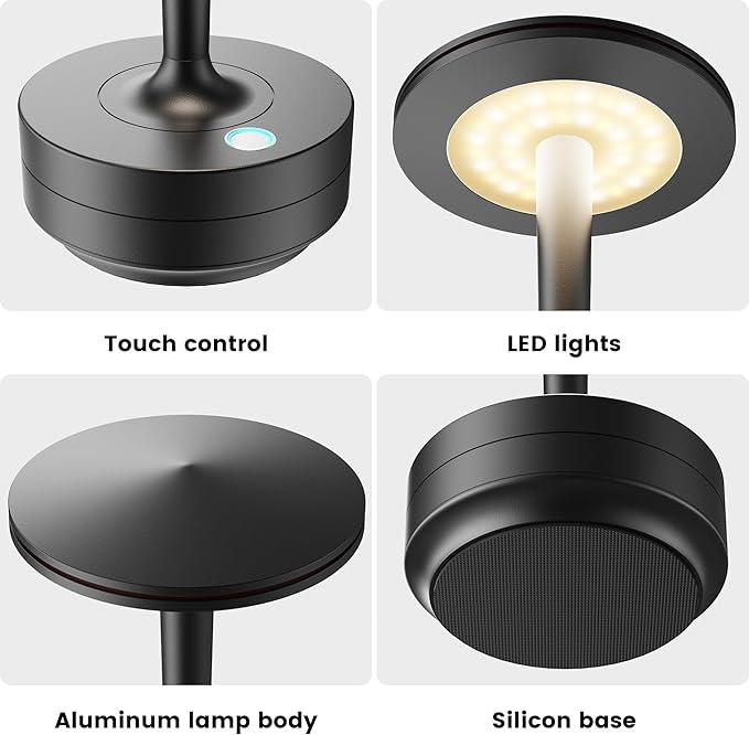 Cordless Table Lamp Rechargeable,6000mAh Battery Operated LED Desk Lamp 3 Color Stepless Touch Dimming,Waterproof Portable Memory Function Light for Bedroom,Outdoor,Patio,Dining,Restaurant Black